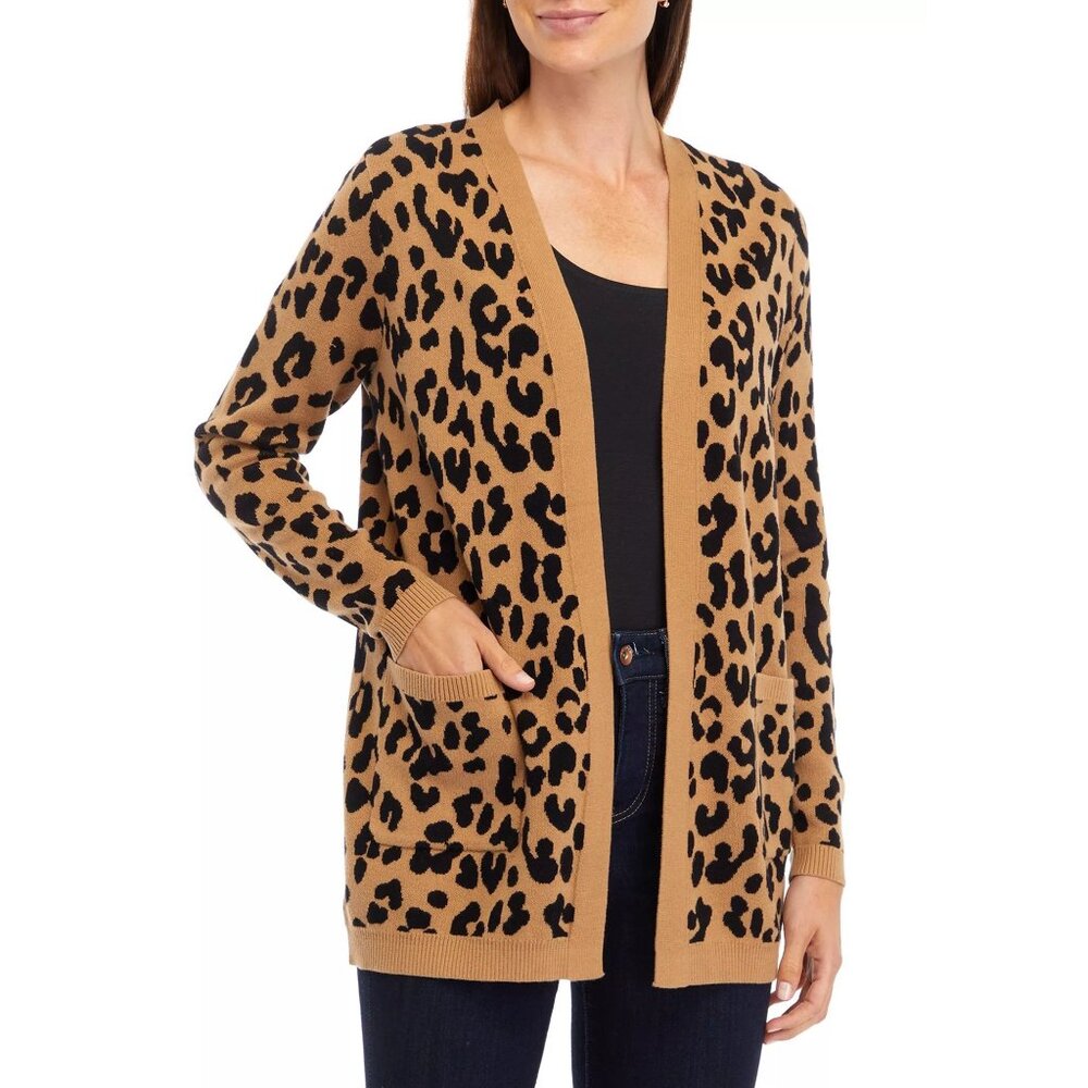 Kim Rogers PS Tan Animal Cable Cardigan Cotton Open Front Jacket Cheetah Leopard